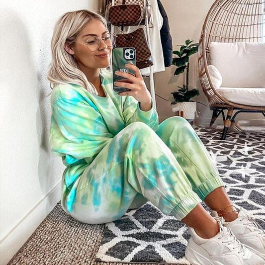 Women Set Tie Dye Long Sleeve Top Shirt O Neck And Pants Tracksuit Two - SHOPSOLONY