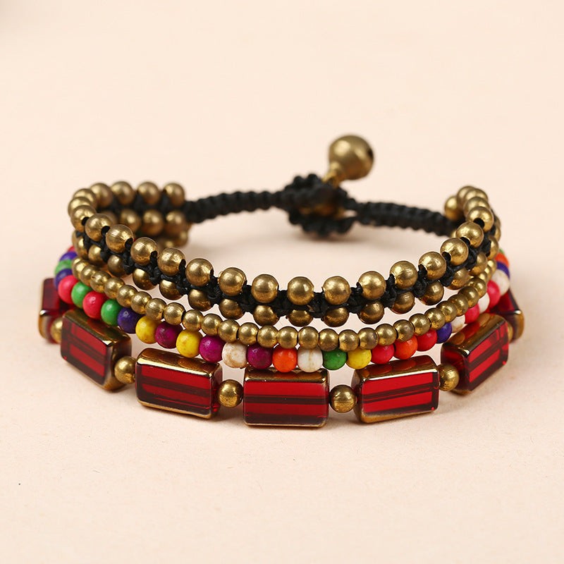 Bohemian Style Knot Red Agate Multi-layer Hand Woven Bell Bracelet - SHOPSOLONY