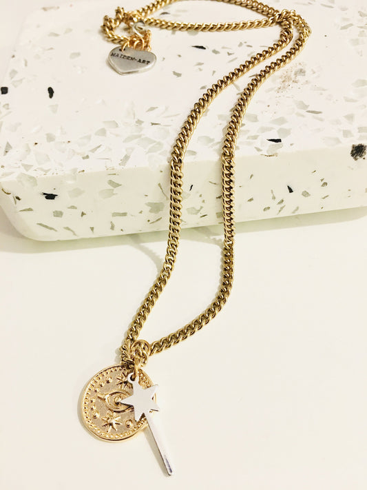 Gold Evil Eye Coin Necklace and Magic Wand Charm - SHOPSOLONY