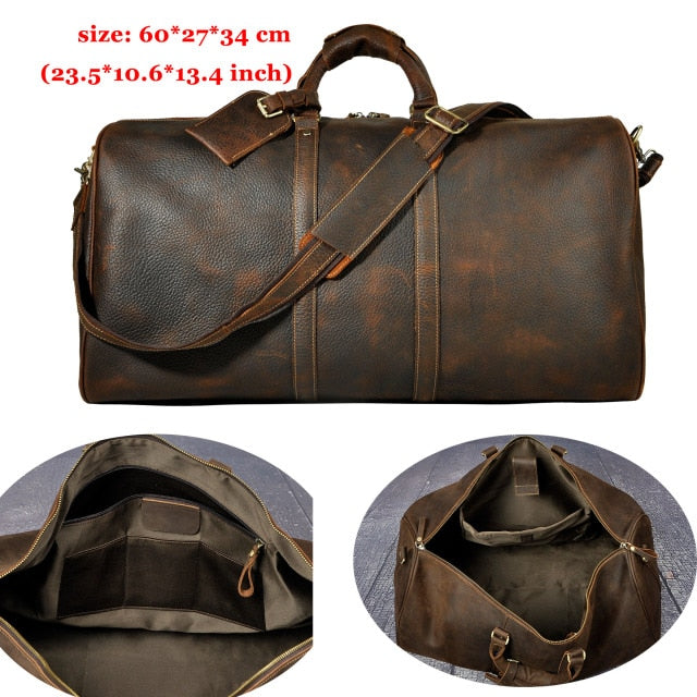 Crazy Horse Leather Male Larger Capacity Retro Design Travel Handbag Duffle Luggage Bag Fashion Travel Suitcase Tote Bag 8151 - SOLONY