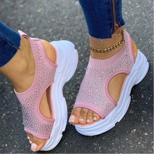 Women's Sandals Wedges Footwear Summer Platform Sandals Women Shoes Female Slip on Peep Toe Knitted Ladies Sneakers Casual 2021 - SHOPSOLONY