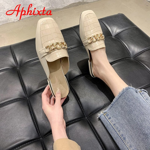 Aphixta 2021 New Chain Mules Women Slides Square Toe Ladies Striped Shoes Summer Fashion Footwear Plus Big Size 43 Slippers - SHOPSOLONY