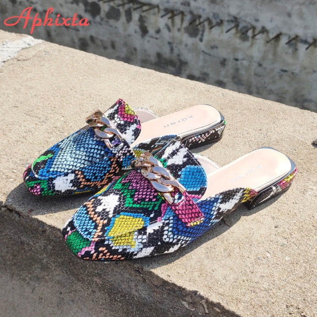 Aphixta 2021 New Chain Mules Women Slides Square Toe Ladies Striped Shoes Summer Fashion Footwear Plus Big Size 43 Slippers - SHOPSOLONY