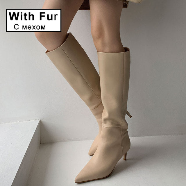 Taoffen Size 33-43 Women Genuine Leather Knee High Boots Pointed Toe Thin Heel Slip On Party Club Winter Ladies Footwear - SHOPSOLONY