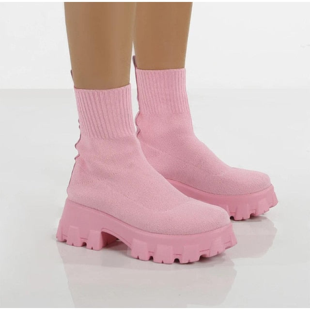 Women Ankle Boots Thick Bottom Knitted Woman Sock Shoes Elastic Fabric Fashion Female Short Boot Autumn Ladies Footwear 2021 New - SHOPSOLONY