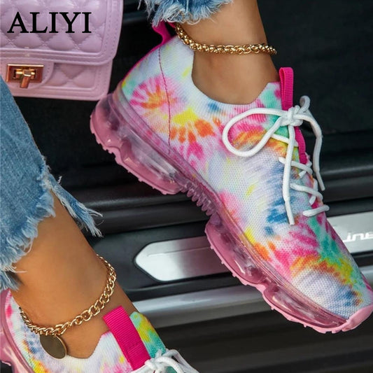 Women Breathable Sneakers 2021 Autumn New Tie Dye Lace Up Ladies Casual Shoes Outdoor Sport Walking Female Vulcanized Shoes - SHOPSOLONY