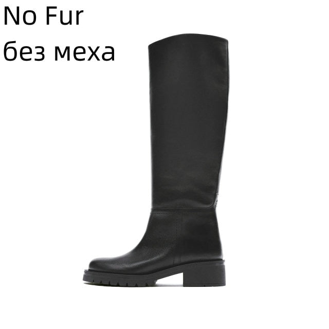 QUTAA  ZA Fashion Women Knee High Boots Full Cow Leather Warm Flats INS Thick High Heels Motorcycle Boots Woman Lady Shoes 34-43 - SHOPSOLONY