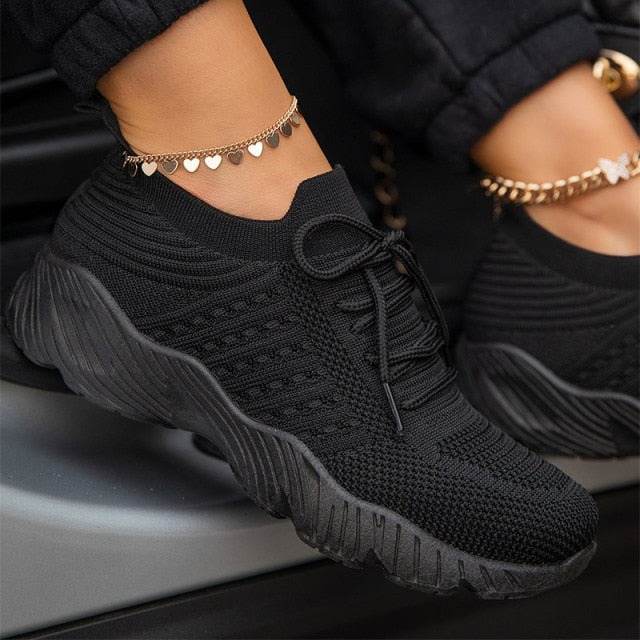Women's Sneakers Breathable Knitted Casual Women Socks Shoes Lace up Ladies Flats Female Spring Vulcanized Running Shoes - SHOPSOLONY