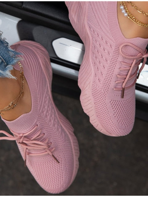 Women's Sneakers Breathable Knitted Casual Women Socks Shoes Lace up Ladies Flats Female Spring Vulcanized Running Shoes - SHOPSOLONY