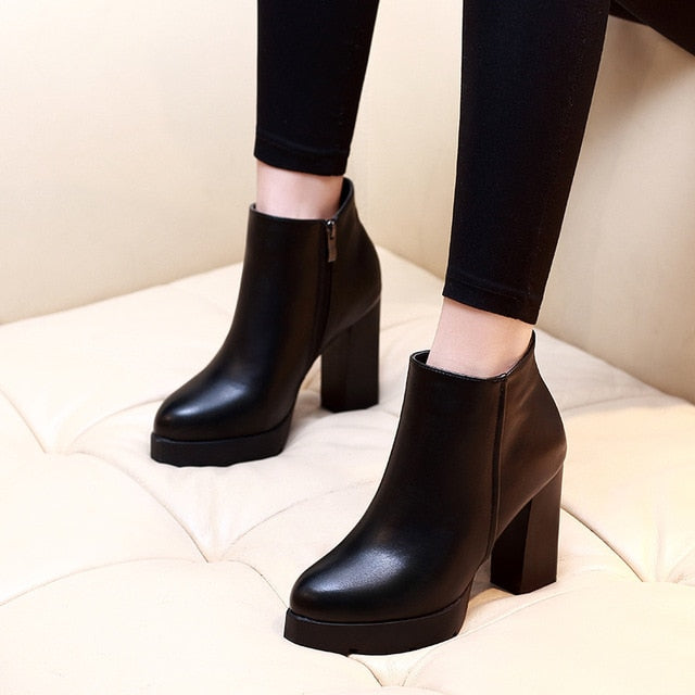 Dropshipping Women Ankle Boots Gothic 2021 Genuine Leather Martin Black High Heels Platform Sexy Ladies Shoes - SHOPSOLONY