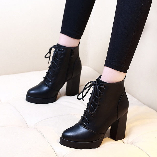 Dropshipping Women Ankle Boots Gothic 2021 Genuine Leather Martin Black High Heels Platform Sexy Ladies Shoes - SHOPSOLONY