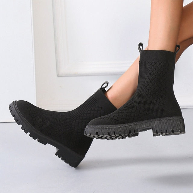 Women Ankle Boots Thick Bottom Knitted Woman Sock Shoes Elastic Fabric Fashion Female Short Boot Autumn Ladies Footwear 2021 New - SHOPSOLONY