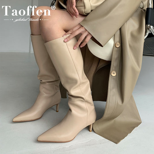Taoffen Size 33-43 Women Genuine Leather Knee High Boots Pointed Toe Thin Heel Slip On Party Club Winter Ladies Footwear - SHOPSOLONY