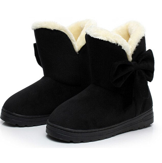 Women Snow Boots Winter Shoes Warm Casual Fur Ankle Female Bowtie Non Slip Plush Suede Flats Slip On Fashion Ladies Footwear New - SHOPSOLONY