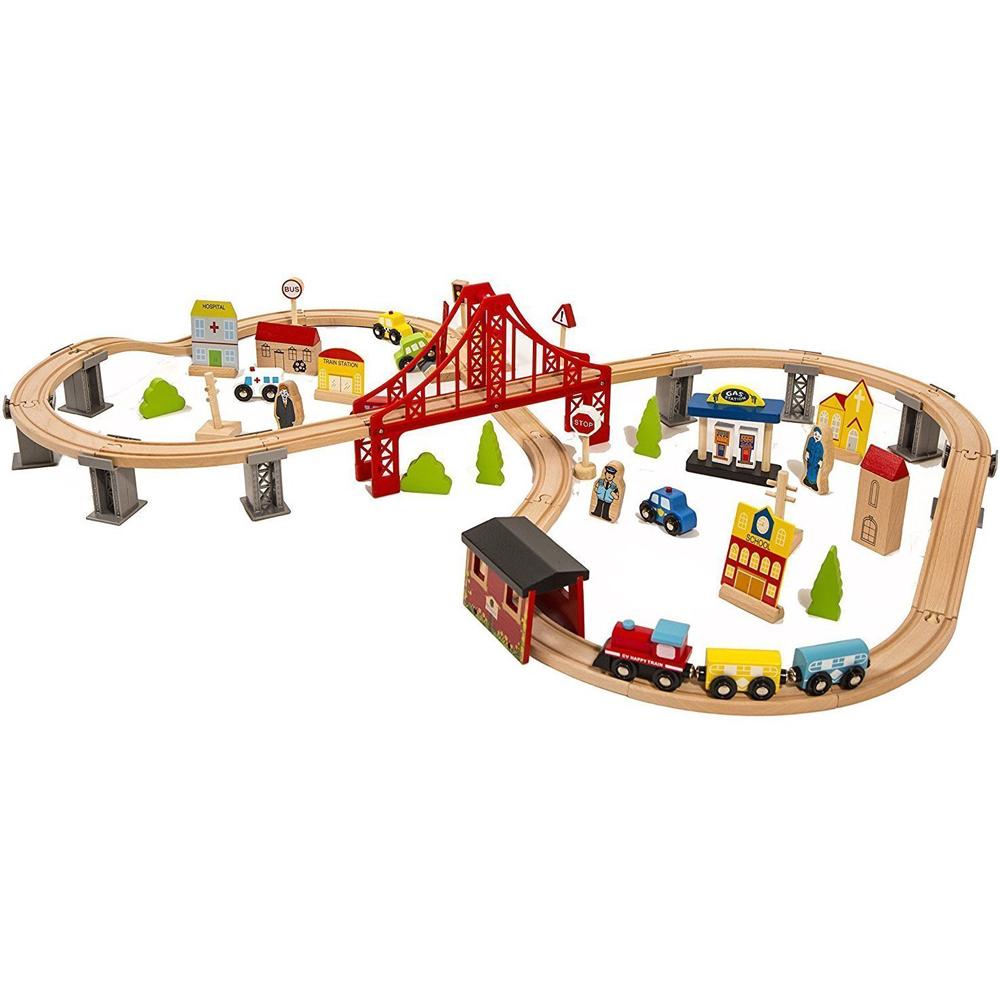 70 PCS Hand Crafted Wooden Train Set Crossing Railway Track Kids Toy - SOLONY